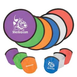 A set of folding frisbees in various colours including green, orange, red, white, and blue, each with branding.