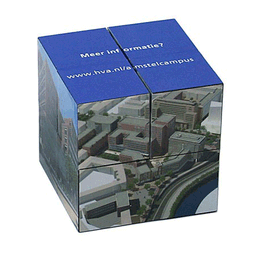 A blue cube with images of a cityscape and a logo, featuring a promotional design.