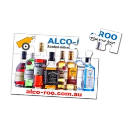 A jigsaw puzzle featuring various alcohol bottles in vibrant colours, with a logo and a single puzzle piece detached.