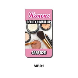 A collection of makeup products, including powders and brushes, on a pink background featuring a logo.