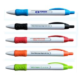 A collection of five pens in various colours: blue, black, red, orange, and green, featuring a logo on each.