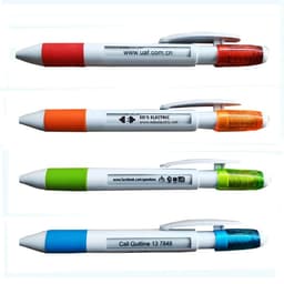A group of four multi-coloured pens, featuring red, orange, green, and blue accents, with various logos and branding.