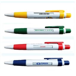 A set of four pens in yellow, green, red, and blue, each featuring a logo and grip texture.