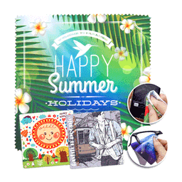 A colourful microfibre lens cloth featuring tropical designs, ideal for cleaning screens and lenses. It has a branding logo.