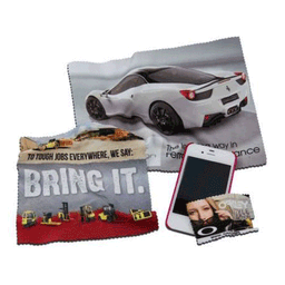 Microfibre lens cloths featuring full colour prints, showcasing various images including a sports car and promotional text.