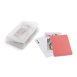 A set of playing cards in a clear plastic case, featuring red and white designs on the cards.