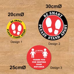 Three non-slip floor decals in red, yellow, and black, featuring various designs with footprints and distance reminders.