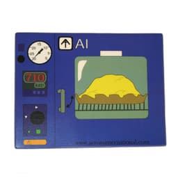 A blue mouse mat featuring an illustration of an oven with a clock and controls, showcasing a yellow item inside.