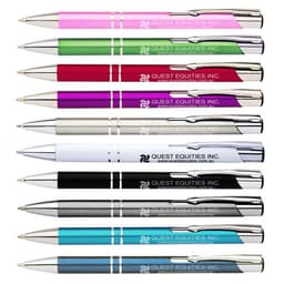 A collection of metal pens in various colours including pink, green, red, silver, blue, black, and white, each featuring a logo.