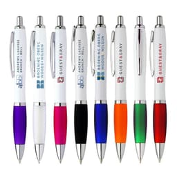A selection of Allegra white plastic pens featuring various coloured grips and clip accents, along with branding.