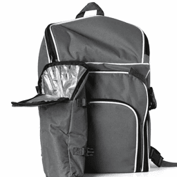 A grey picnic backpack with insulated sections and a front pocket, featuring decorative white trim and straps.