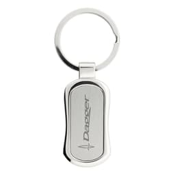 A silver keychain with a smooth, sleek design and a round keyring attachment. It features a logo on the front.