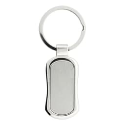 A shiny silver keychain with a smooth, rounded rectangular body and a metal ring for attaching keys.