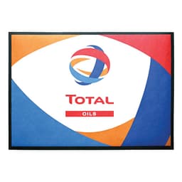 A promotional mat featuring a vibrant design in blue, orange, and white, with a logo and branding elements.