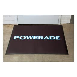 A black floor mat with a logo featuring the word "POWERADE" in light blue.