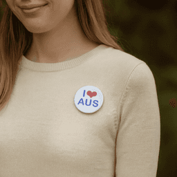 A button badge, 56mm in diameter, featuring a design with blue text and a heart shape on a white background.