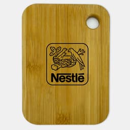 A small bamboo cutting board featuring a circular hole and a logo. The board has a natural wood finish.