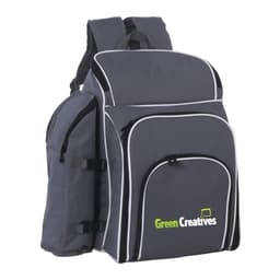 A grey picnic backpack with white accents, featuring multiple compartments and a logo.