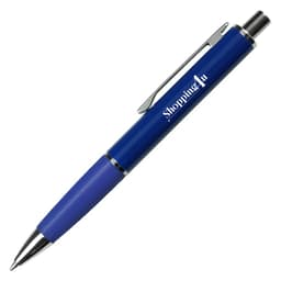 A blue metal pen with a textured grip and a clip, featuring a logo.