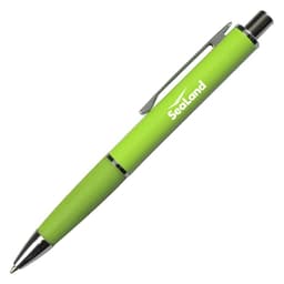 A green metal pen with a textured grip and a clip. It features a logo but no additional text.