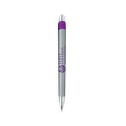 A silver and purple metal pen with a logo on the side.