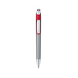 A silver metal pen with a red grip and trim, featuring a logo on its body.
