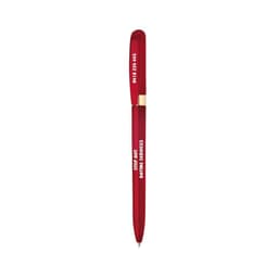 A red metal pen with a gold clip and branded text.