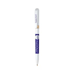 A white metal pen with a smooth finish and a branding logo on the side.