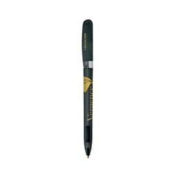A green metal pen with a pointed tip and a logo on the barrel.