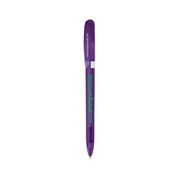 A purple metal pen with a transparent chrome barrel and a branding logo.