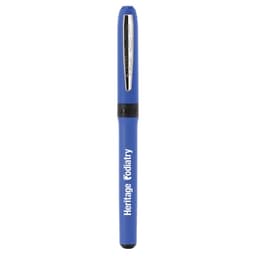 A blue pen with a silver clip and a logo on the side, designed for writing.