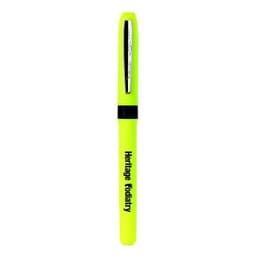 A bright yellow pen with a sleek design, featuring a branding logo on its body.