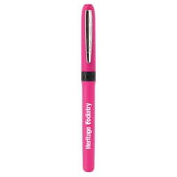 A pink pen with a sleek design and a logo. Features a stylish clip on the side.