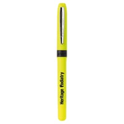 A bright yellow pen with a black grip and branding on the barrel, featuring a sleek silver clip.