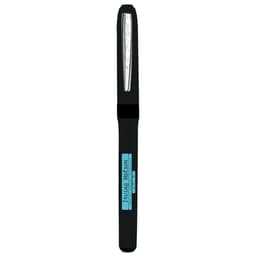 A sleek black pen with a textured grip and a clear lid, featuring a branding logo.