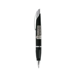 A black pen with a silver clip and a branding logo on the barrel.