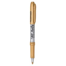 A gold metallic permanent marker with a silver barrel and a clip at the top, featuring a logo.