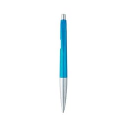 A blue metallic pen with a silver tip and a smooth plastic body, featuring a logo on the barrel.