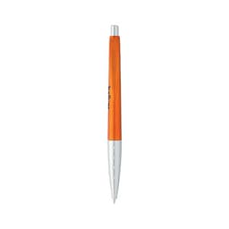 An orange and white metallic pen with a logo, positioned vertically against a plain background.