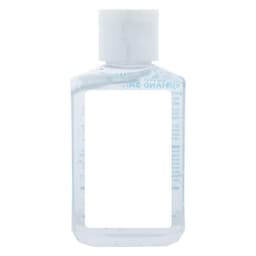 A transparent 60ml hand sanitiser gel bottle with a white cap, containing 75% ethyl-alcohol.