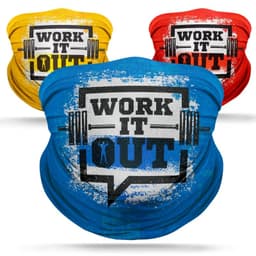 Three custom neck gaiters in yellow, blue, and red, featuring a graphic with a logo.