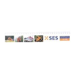 A ruler featuring images of emergency service personnel and a vehicle, predominantly white with vibrant colours and a logo.