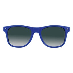 Blue sunglasses with gradient lenses and a simple design, featuring a logo on the side.