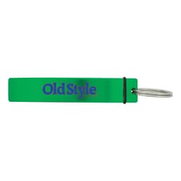 A drink bottle opener in bright green, featuring a logo and a keyring attachment.