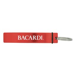 A drink bottle opener in red metal with a silver keyring and a logo printed on it.