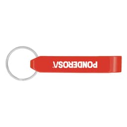 A drink bottle opener in red, featuring a keyring attachment and a logo.