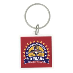 A square acrylic keychain featuring a logo on a red background with a ring for attachment.