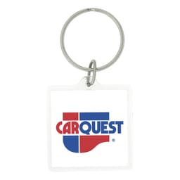 A square acrylic keychain featuring a logo in red, blue, and white colours. It has a metal keyring attached.