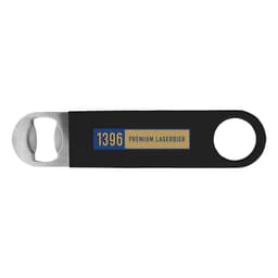A drink bottle opener in black with a metallic bottle-opening end and a logo.