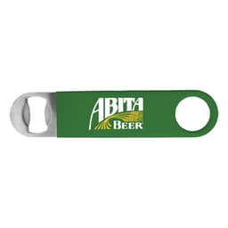 A green bottle opener with a metal cap lifter and a logo on the handle.